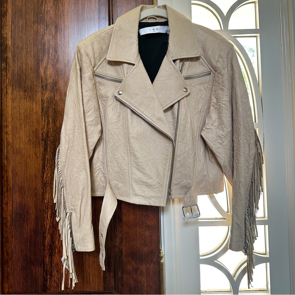 NWT IRO Marom Fringed Crinkled Leather Biker Jacket 38 M Beige - Picture 4 of 11